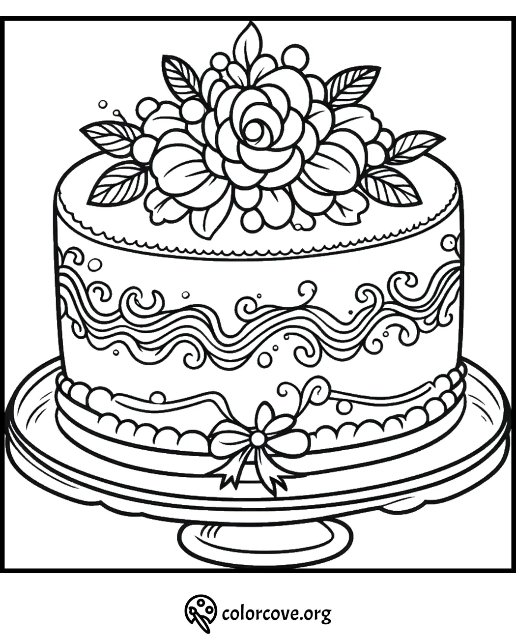 Coloring page of a decorated cake topped with flowers, featuring intricate designs and leaves. Perfect for coloring enthusiasts.