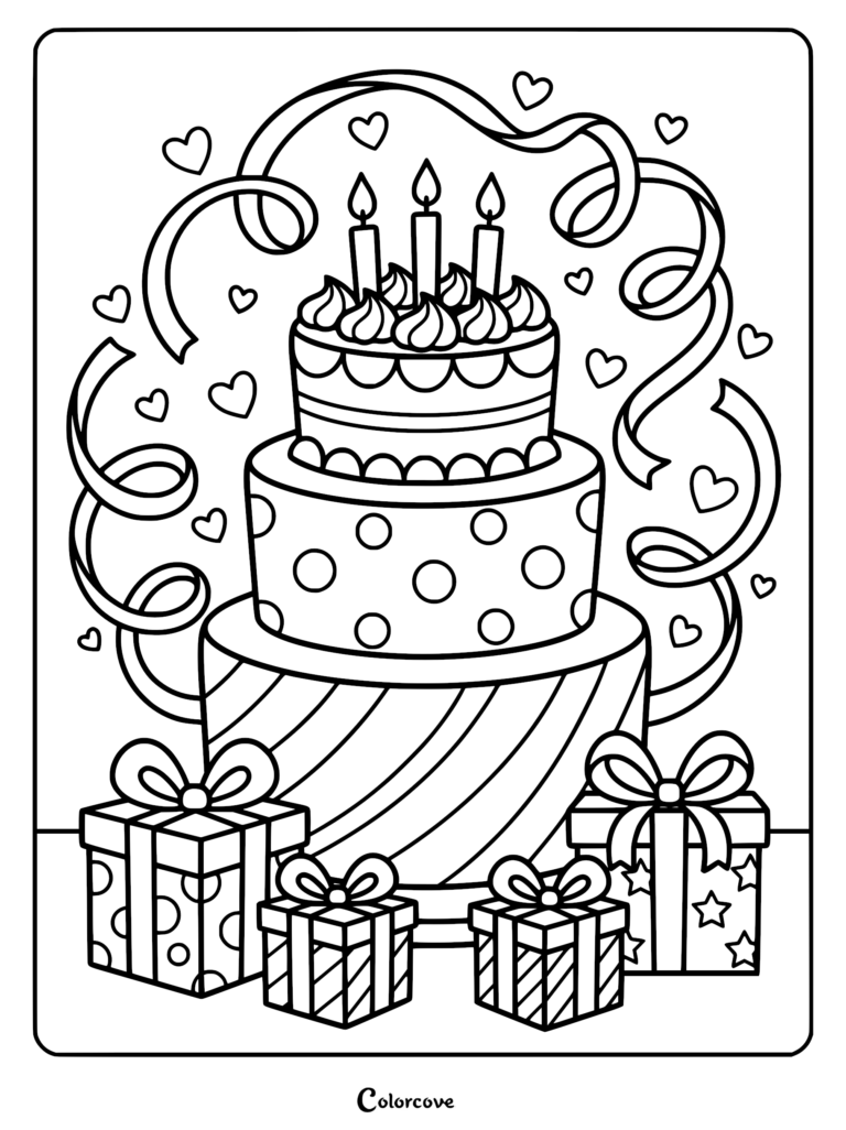 A three-tier birthday cake with candles, ribbons, hearts, and wrapped gift boxes in this printable coloring page.
