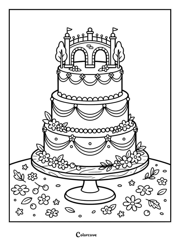 Three-tier cake topped with a stone castle bridge and flags, decorated with floral garlands and flowers on a cake stand, printable coloring page.