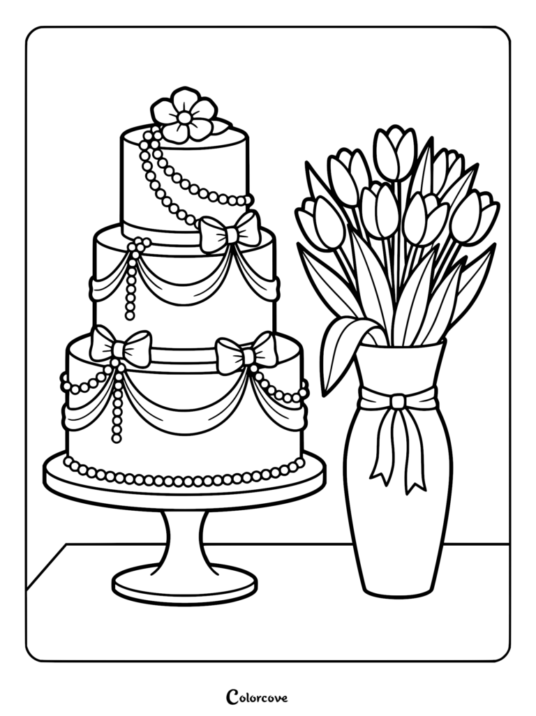 A three-tier wedding cake decorated with pearls and bows next to a vase of tulips in this printable coloring page.