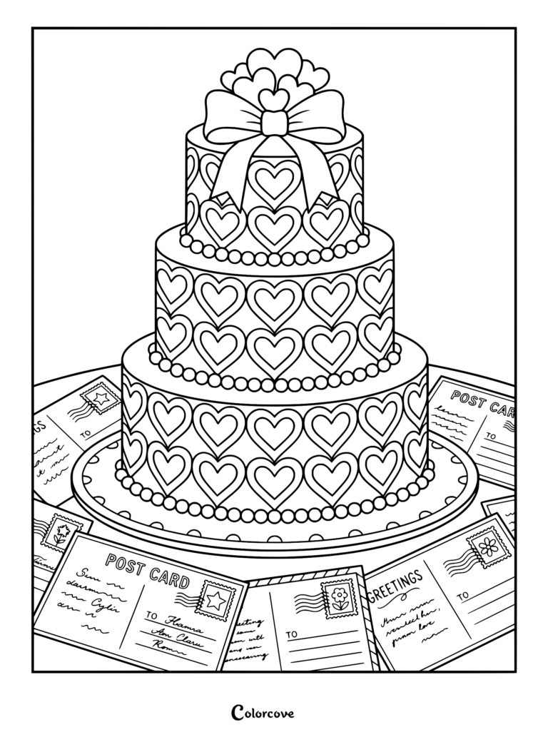 A three-tier heart-patterned cake topped with a large bow, surrounded by vintage postcards on a table, coloring page.