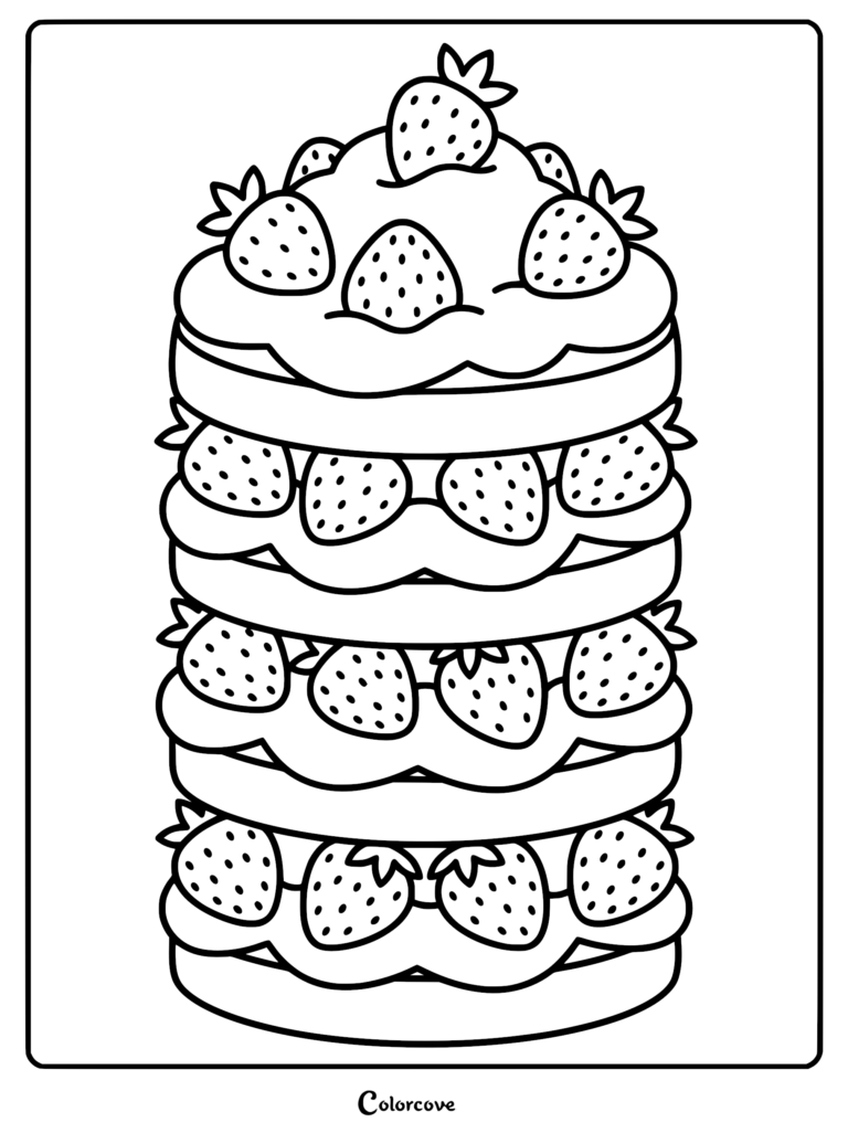 A tall four-layer cake topped with fresh strawberries and cream, presented as a printable coloring page.
