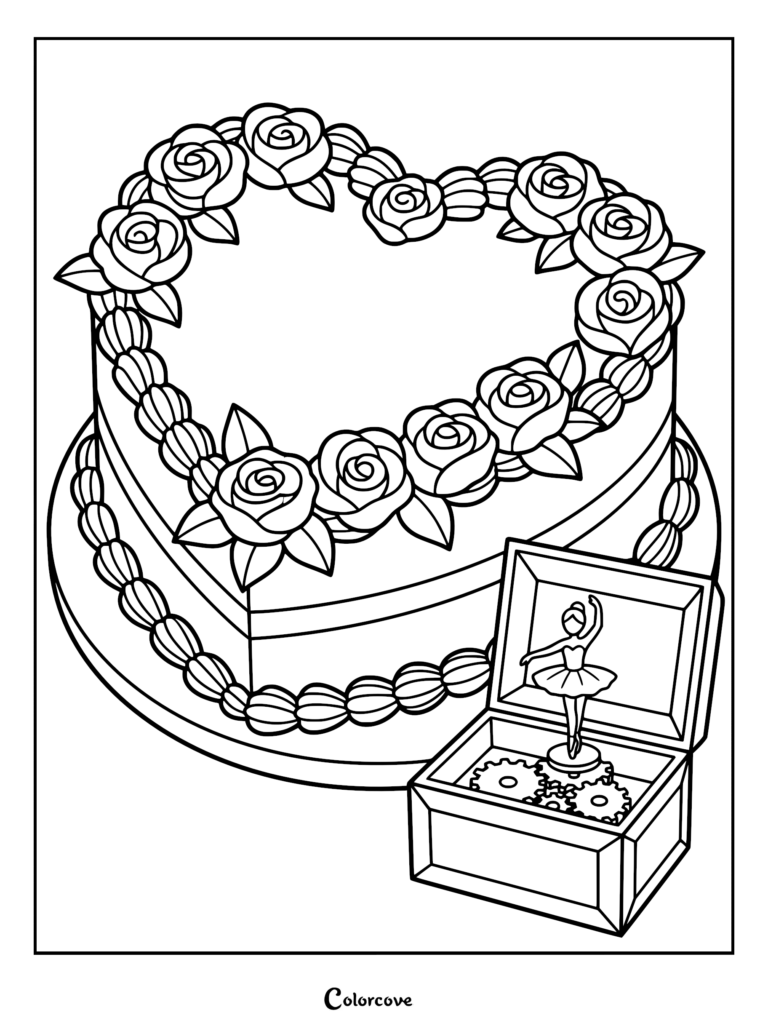A heart-shaped cake decorated with roses next to an open ballerina music box coloring page.