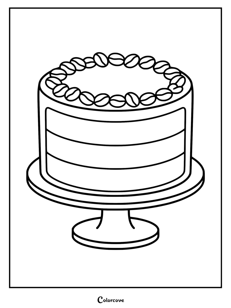 Mocha cake coloring page featuring alternating layers of dark coffee-infused sponge and light cream topped with coffee beans.