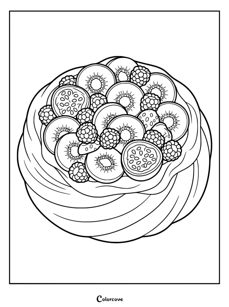 Pavlova cake coloring page featuring a meringue nest topped with sliced kiwifruit, passionfruit, and fresh raspberries.