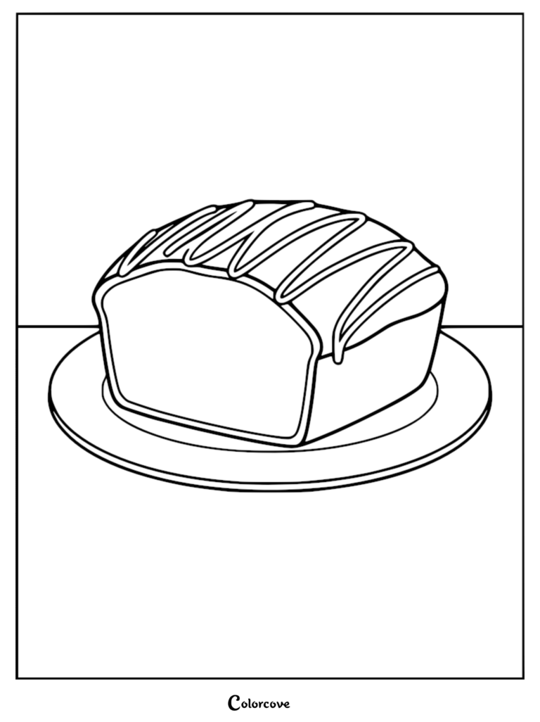 A simple line art coloring page of a loaf of pound cake with icing drizzle on a plate.