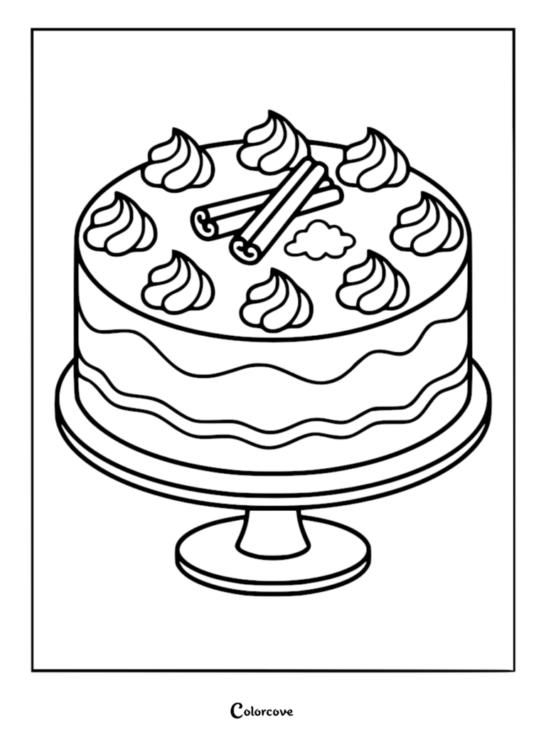 Pumpkin spice cake topped with small frosting rosettes and a sprinkle of cinnamon sticks coloring page