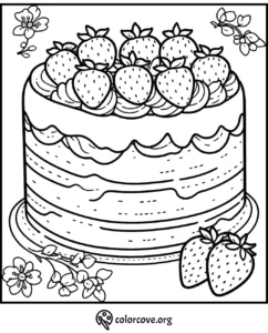 Coloring page of a layered strawberry cake with frosting, topped with whole strawberries, surrounded by floral decorations.
