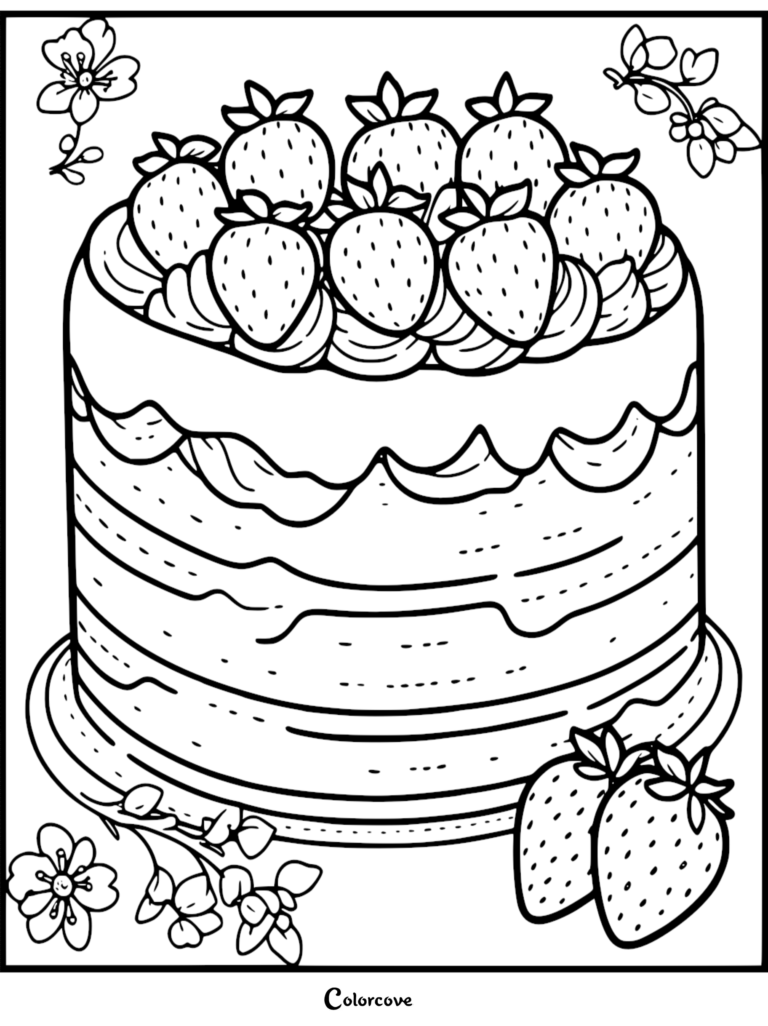 A detailed cake coloring page featuring a multi-layered cake topped with fresh strawberries and decorative floral accents.
