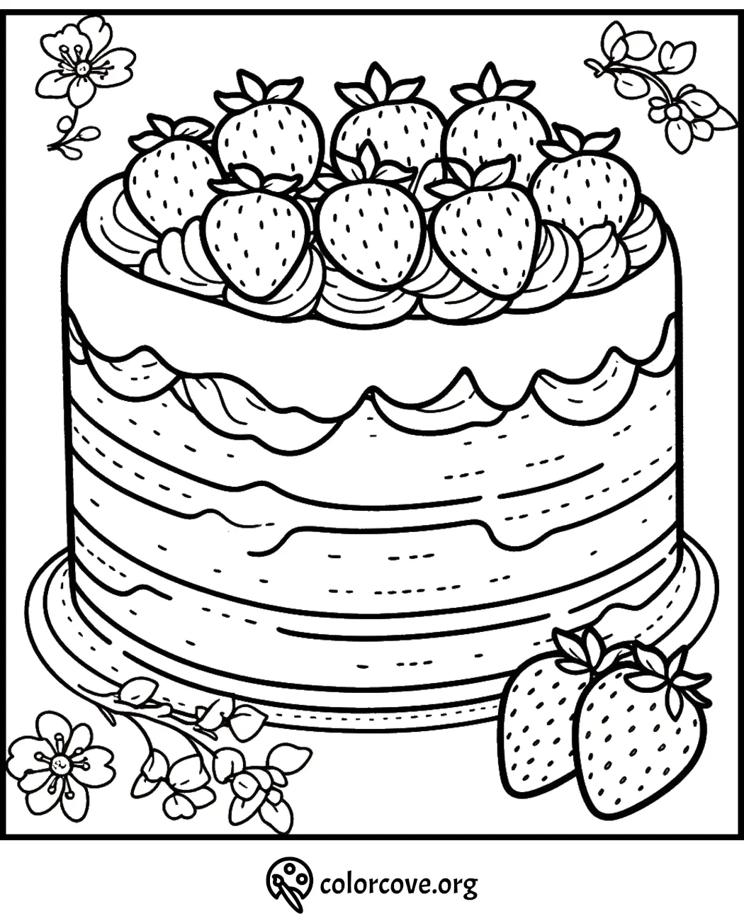 Coloring page of a layered strawberry cake with frosting, topped with whole strawberries, surrounded by floral decorations.