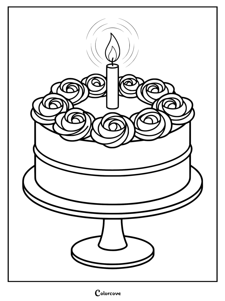 A printable sponge cake coloring page featuring a round cake decorated with frosting roses and a single lit birthday candle on a pedestal stand.