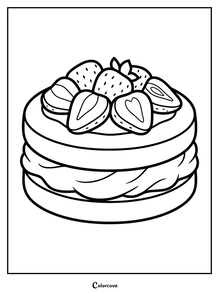 A detailed strawberry shortcake coloring page featuring a layered cake topped with fresh sliced strawberries.