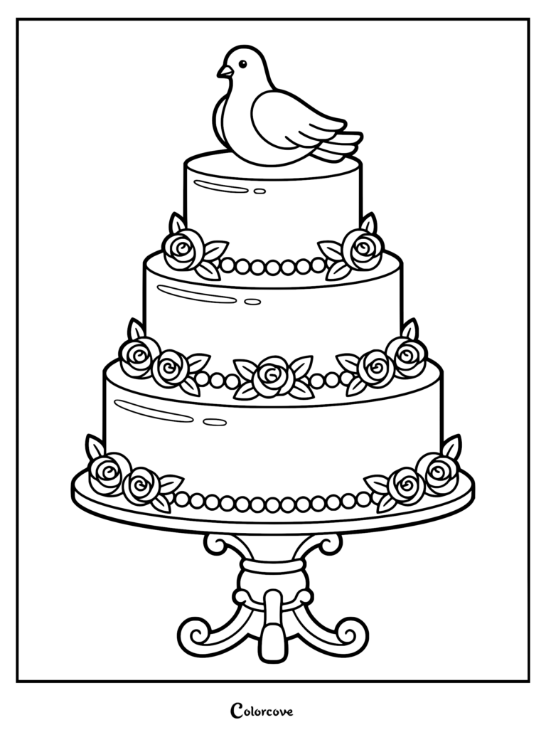 A three-tiered wedding cake with a dove topper and rose decorations on a pedestal as a printable coloring page.
