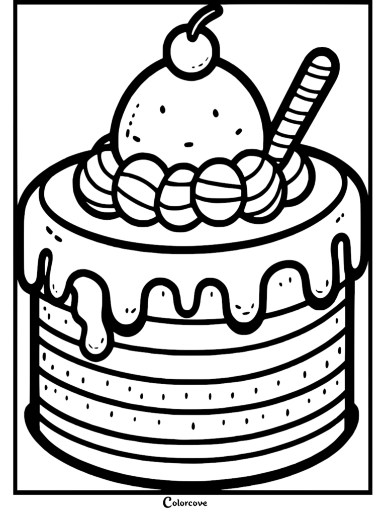 A layered cake coloring page topped with a scoop of ice cream, a cherry, and a wafer stick.