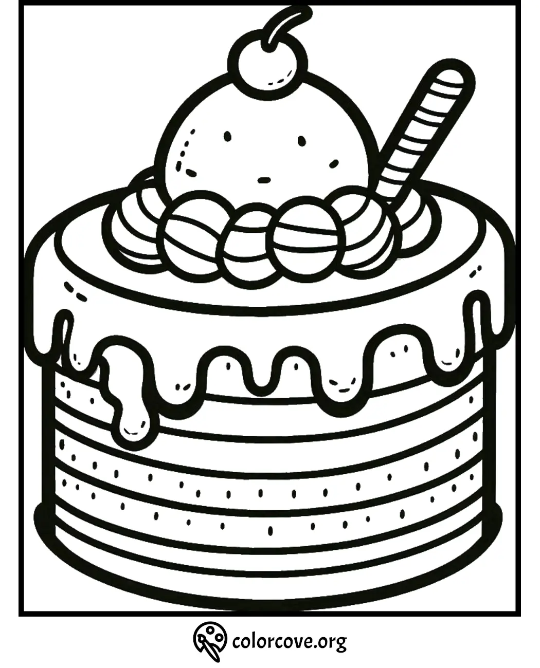 Cake coloring page with dripping icing, a cherry, and a wafer stick, ready to be printed and colored for kids.