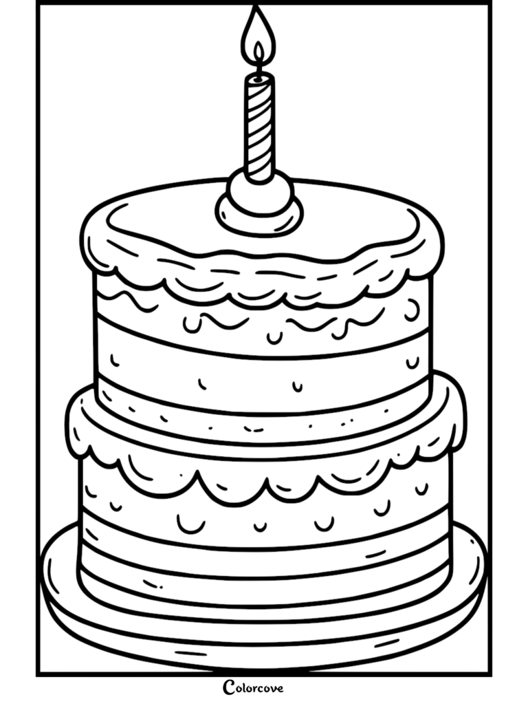 A two-tiered birthday cake with dripping frosting and a single lit candle on top, featured in a free printable coloring page.