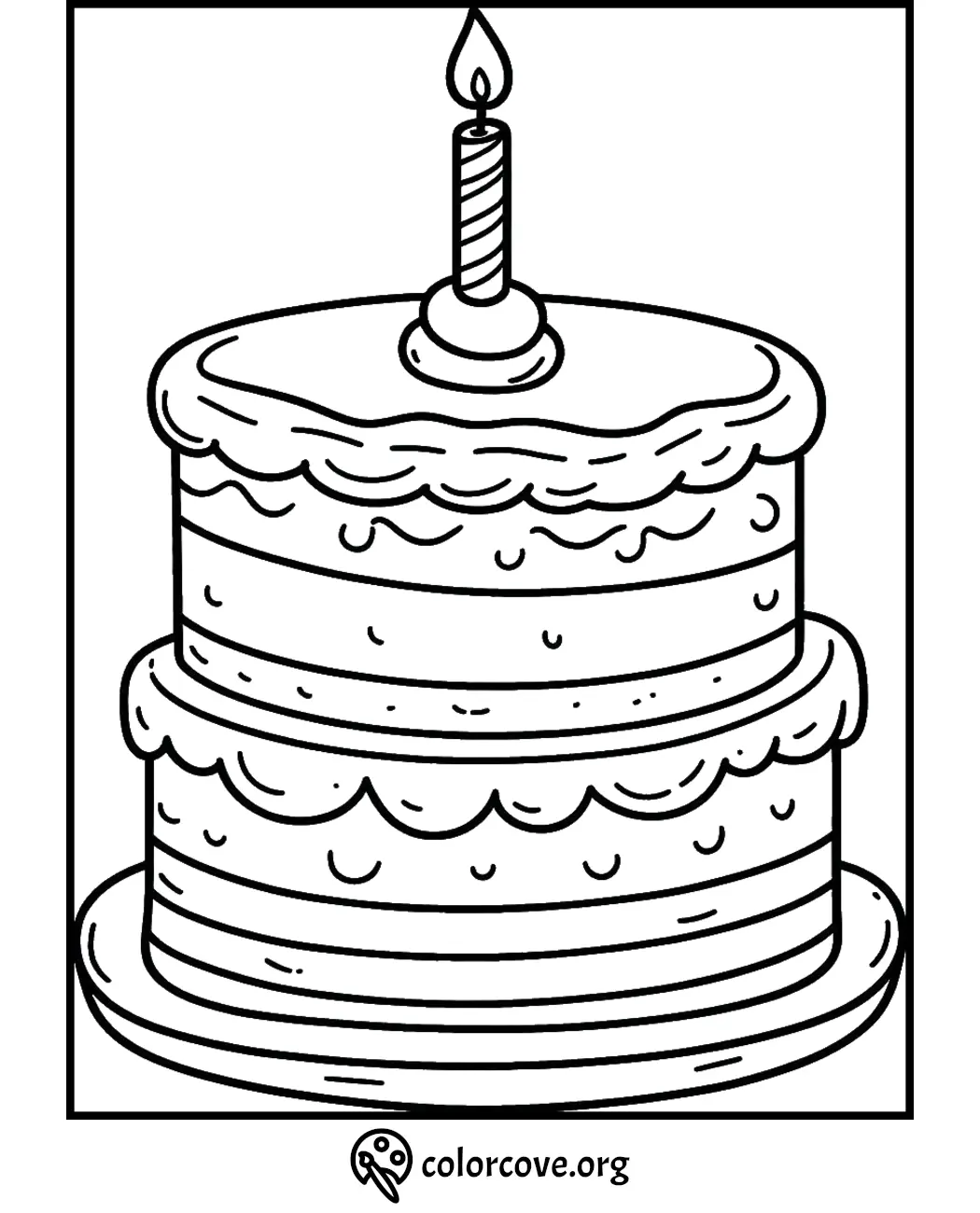 Two-tier birthday cake coloring page with candle on top, perfect for kids' coloring activity. Image by colorcove.org.