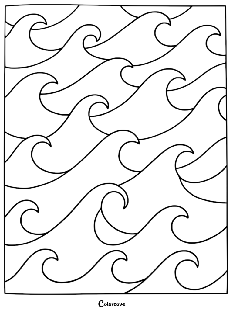 A calming coloring page featuring a repeating pattern of stylized, smooth ocean waves with bold black outlines.