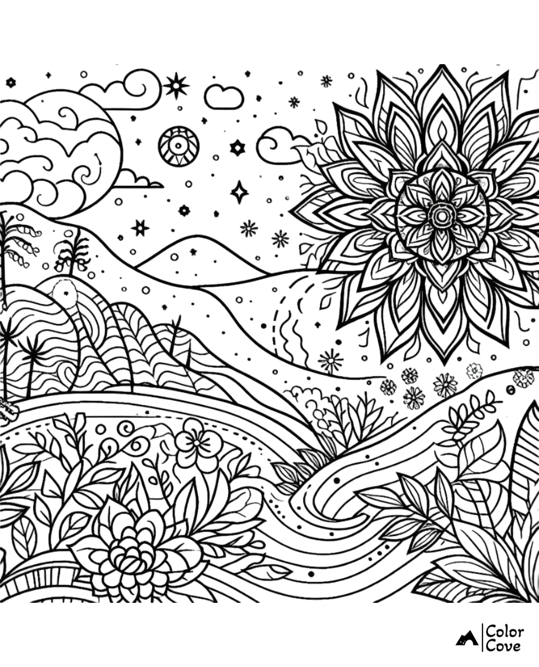 Intricate nature-themed coloring page with flowers, hills, and mandala under a starry sky. Perfect for relaxation and creativity.