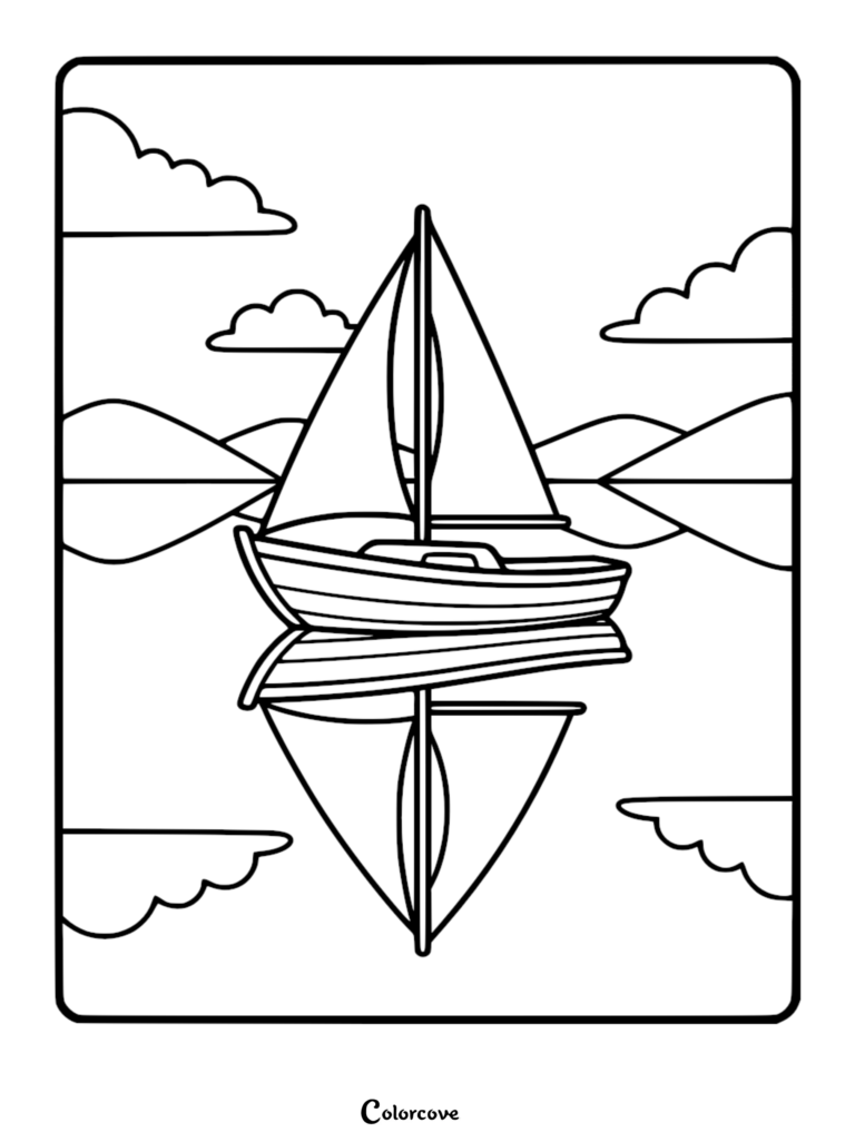 A calming coloring page featuring a sailboat with a perfect mirror reflection on still water, surrounded by mountains and fluffy clouds.
