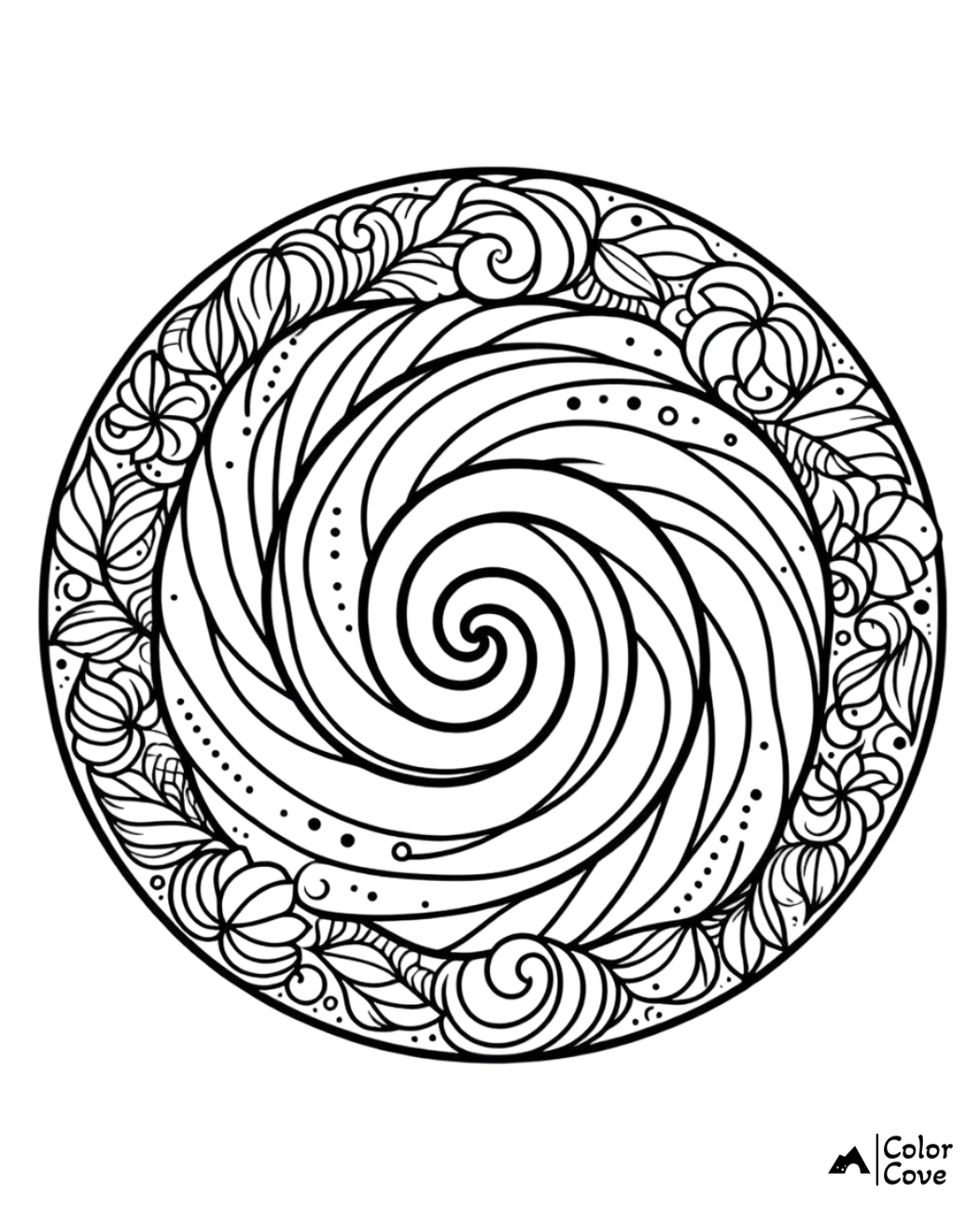 Mandala coloring page with intricate floral and swirl patterns, perfect for stress relief and mindfulness coloring activities.