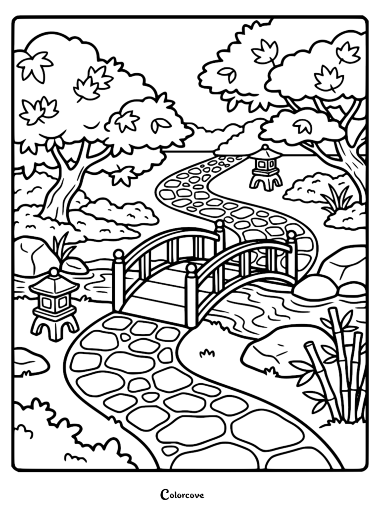 A calming zen garden coloring page featuring a stone path, arched wooden bridge over a stream, stone lanterns, and maple trees.