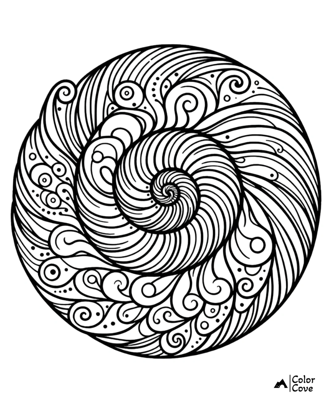 Intricate spiral seashell coloring page with swirls and patterns for relaxation and creativity. Black and white line art.