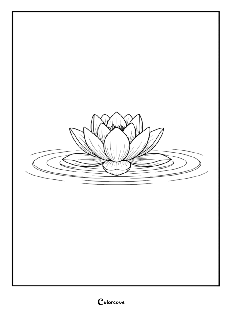 A serene lotus flower floating on calm water ripples in this minimalist coloring page.