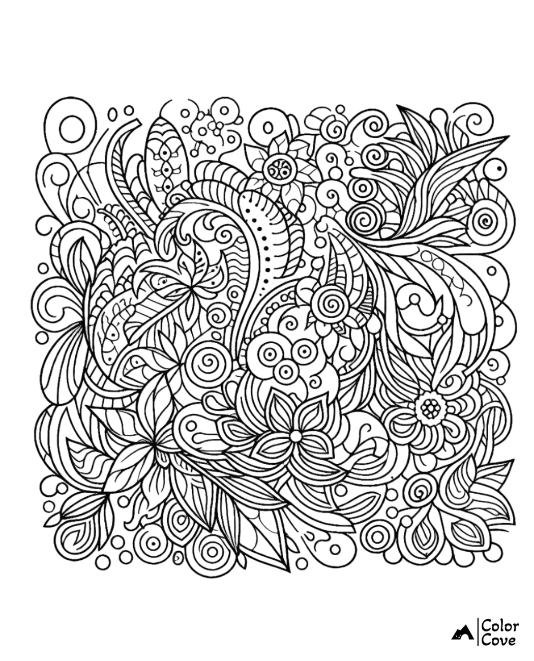 Intricate floral coloring page with swirling patterns, leaves, and flowers. Perfect for stress relief and creative expression.