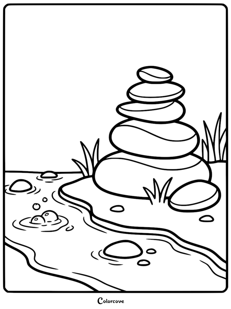 A calming coloring page featuring a stack of five smooth balanced stones beside a gentle flowing stream with ripples and grass blades.
