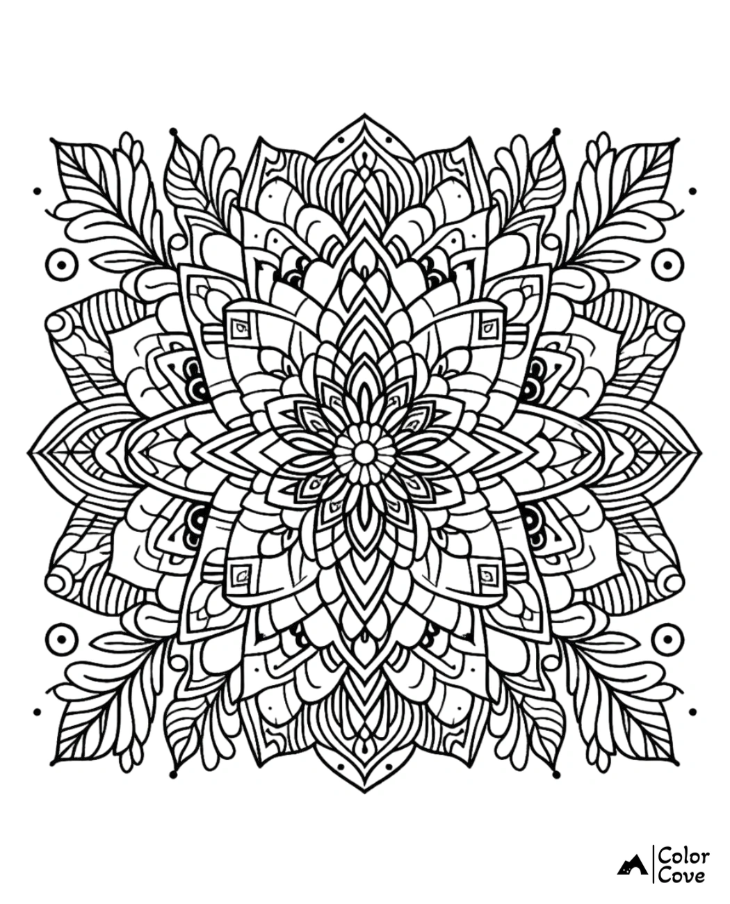 Complex mandala coloring page with intricate floral and geometric patterns for relaxation and mindfulness.