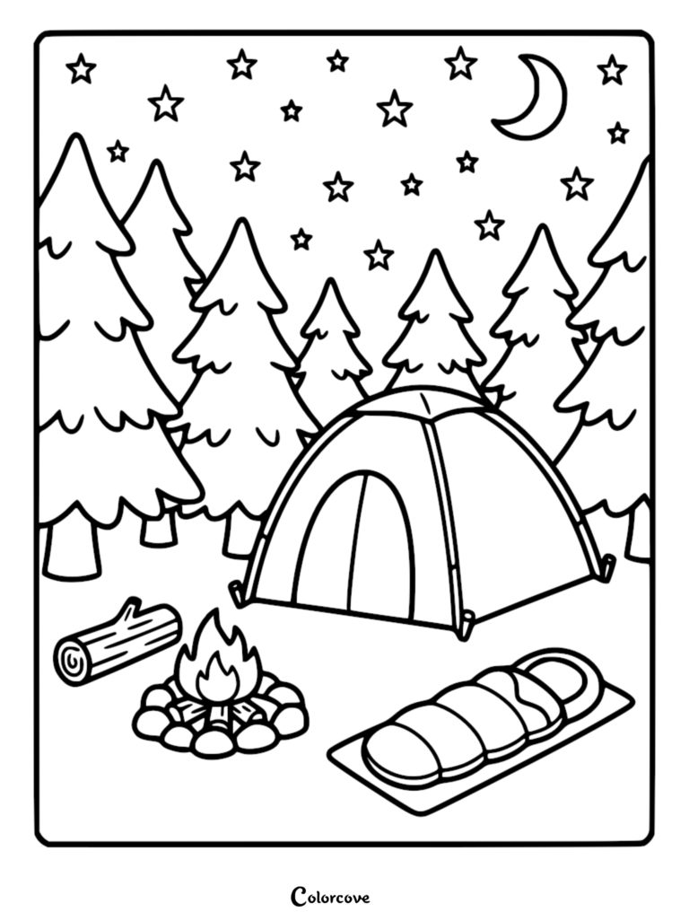 A calming night camping coloring page featuring a tent, a crackling campfire, a sleeping bag, and pine trees under a starry sky with a crescent moon.
