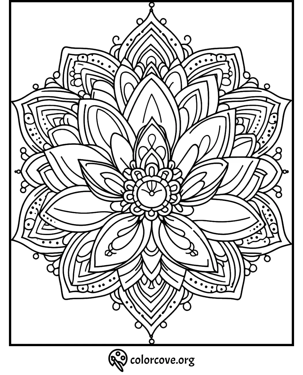 Intricate mandala coloring page with detailed floral patterns and geometric shapes for stress relief at colorcove.org.