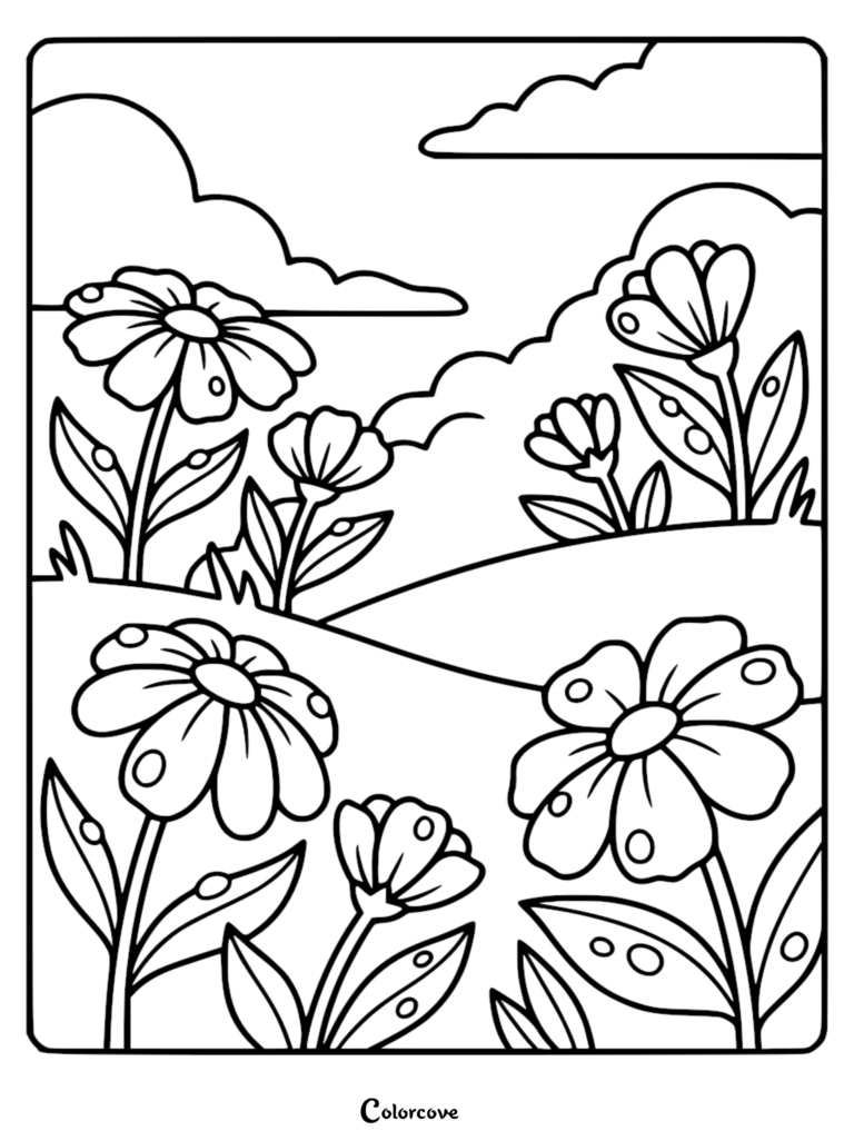 A calming coloring page featuring a field of large daisies and small wildflowers under a cloudy sky.