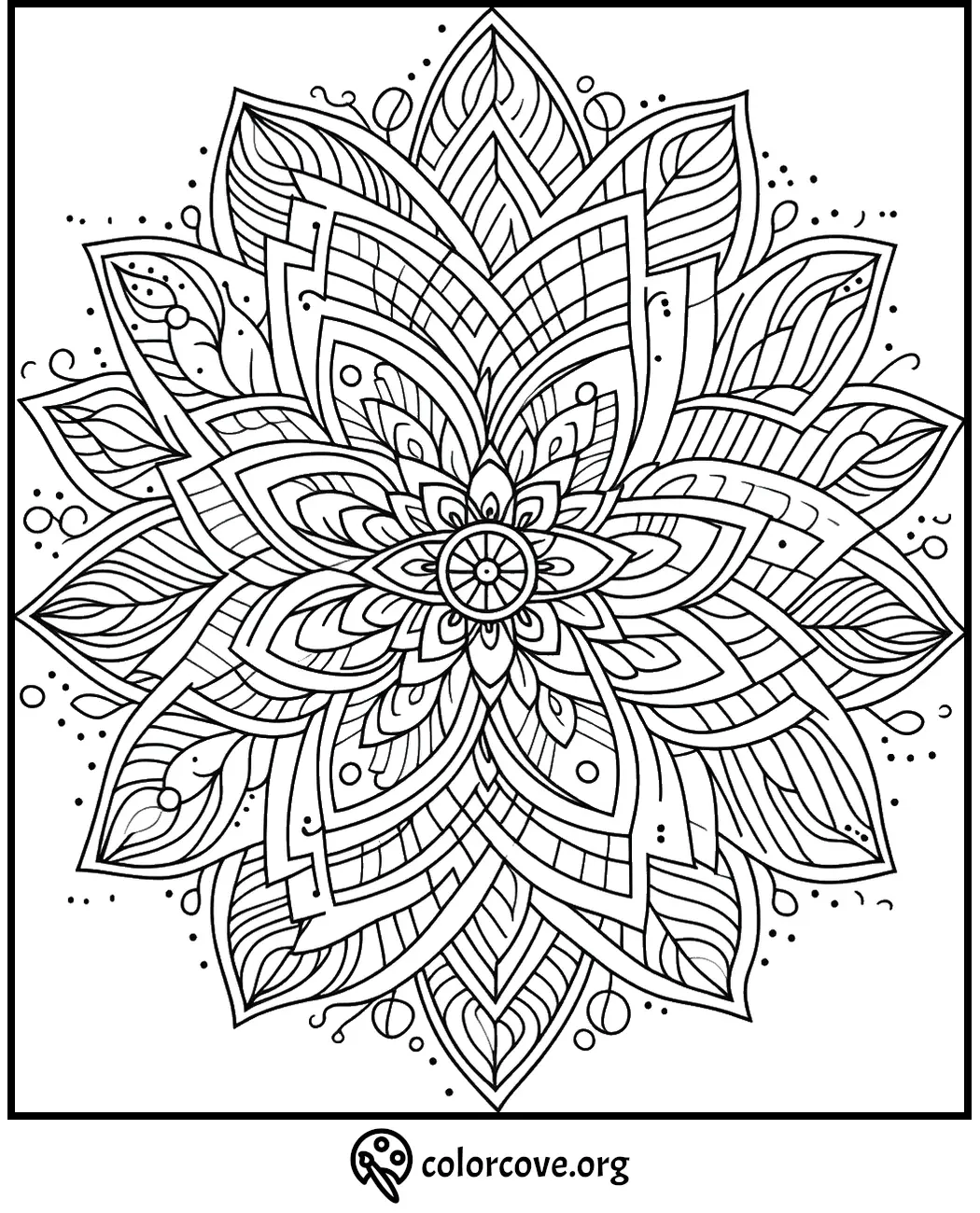 Intricate mandala design coloring page with detailed patterns and shapes by colorcove.org, perfect for stress relieving.