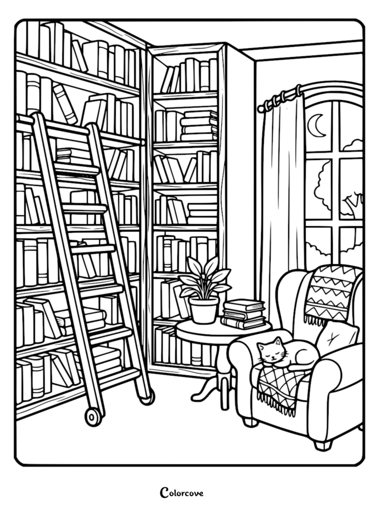 A calming coloring page featuring a sleeping cat on an armchair in a library with a rolling ladder and moonlit window.