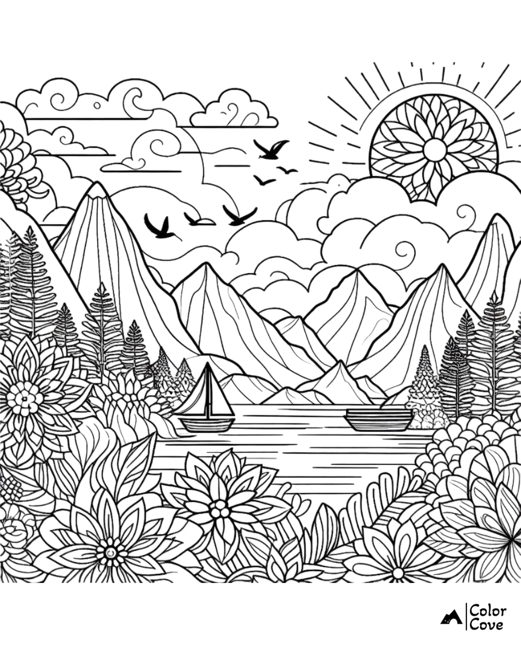 Coloring page of a scenic landscape with mountains, a lake, sailboat, flowers, trees, and a bright sun with clouds and birds.