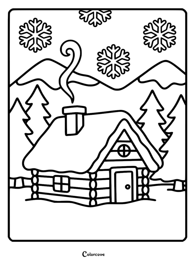 A calming coloring page featuring a log cabin with a smoking chimney, surrounded by pine trees, mountains, and falling snowflakes.