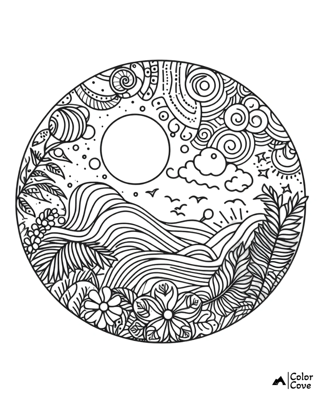 Intricate ocean-themed coloring page with waves, flowers, and decorative patterns in a circular design.