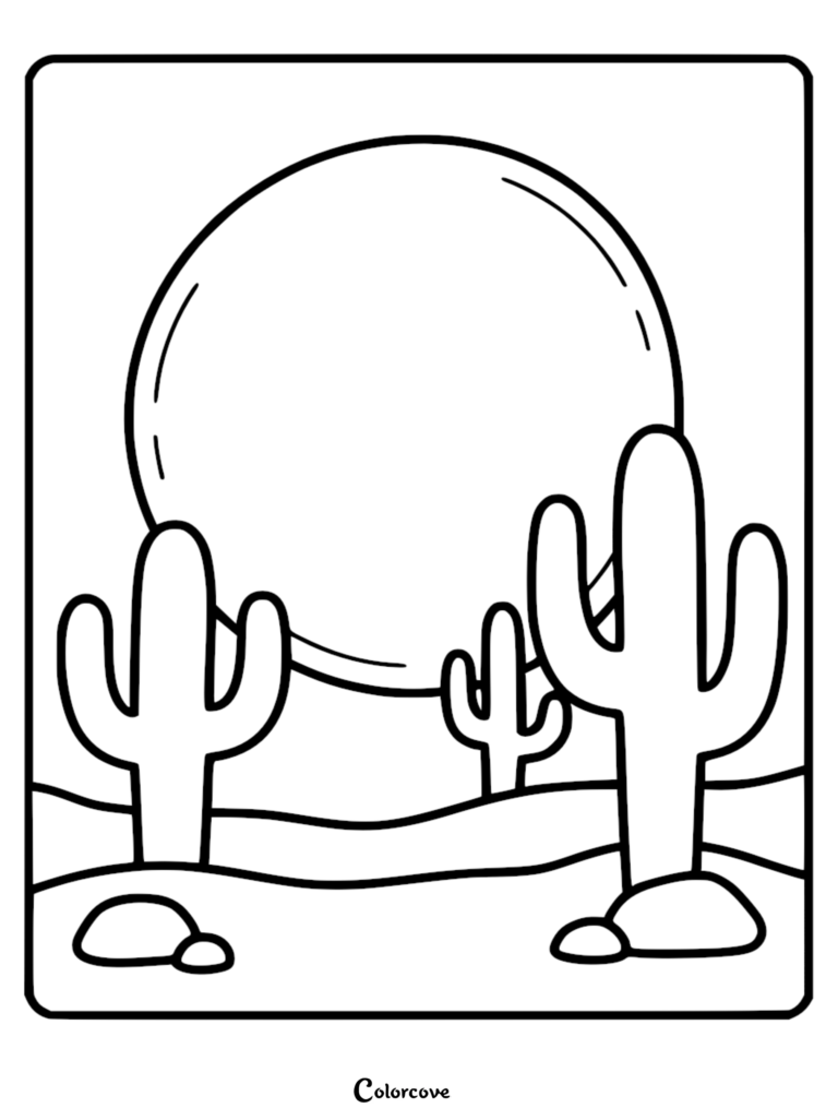A calming coloring page featuring three saguaro cacti in a desert landscape under a large, full sun.