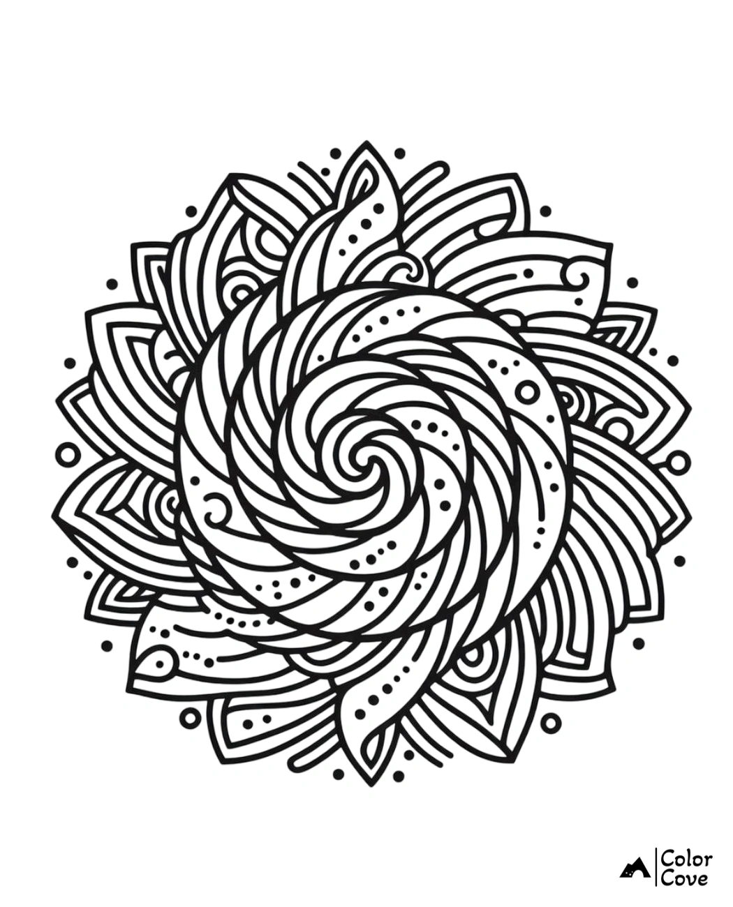 Mandala floral design coloring page with intricate patterns and swirls for relaxation and mindfulness activities.