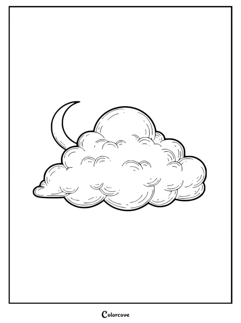 A simple coloring page featuring a crescent moon partially hidden behind a fluffy, stylized cloud.