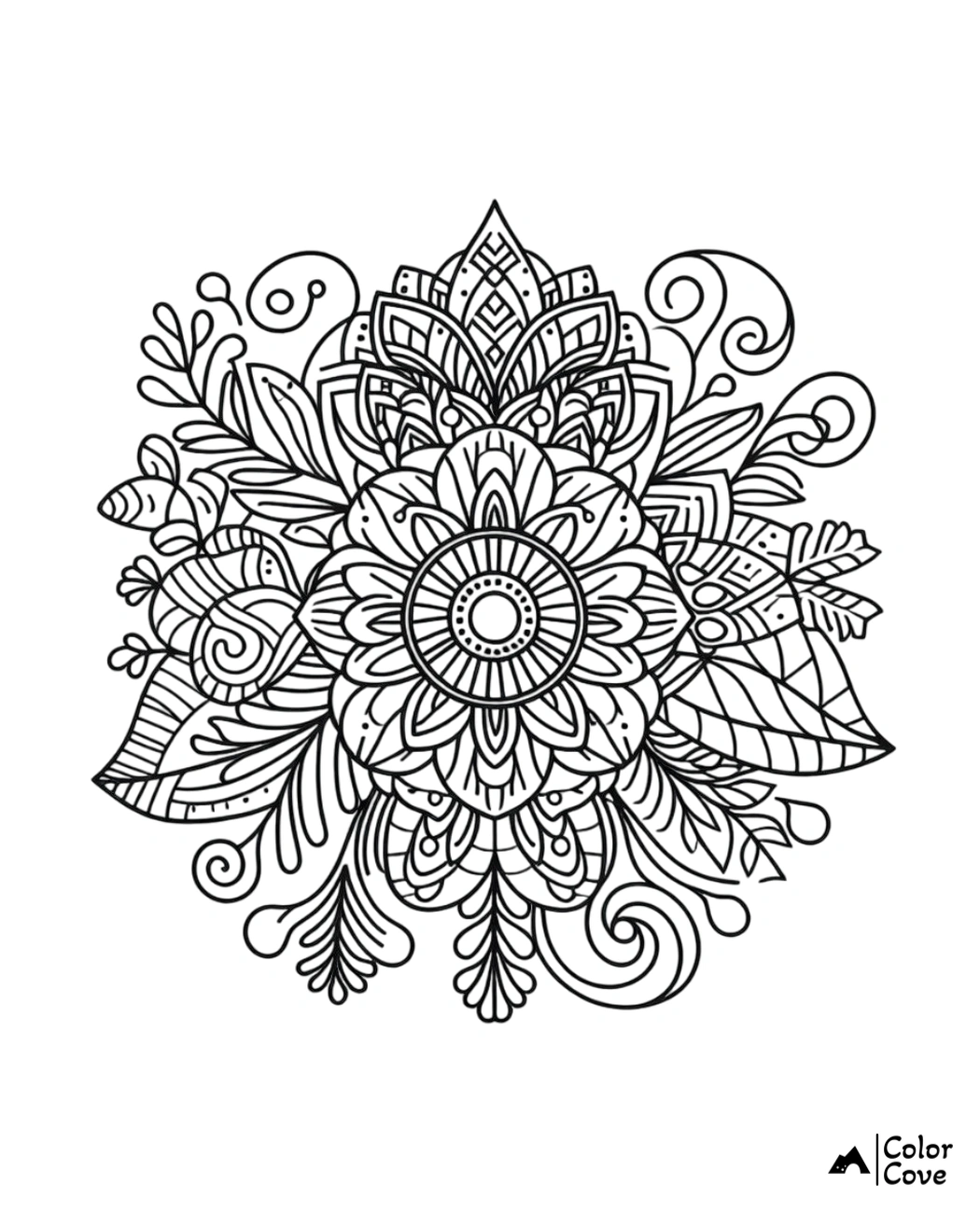 Intricate mandala-inspired floral coloring page for adults with detailed symmetrical patterns and botanical elements.