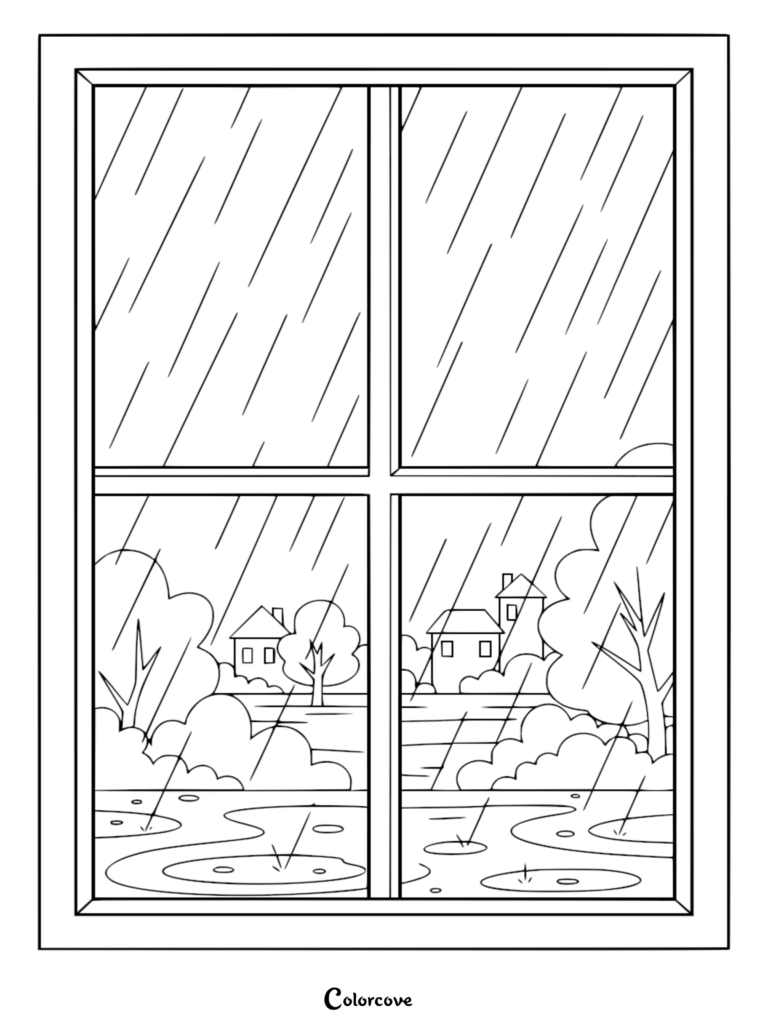 A calming rainy day coloring page showing a view through a window pane at houses, trees, and puddles in the rain.