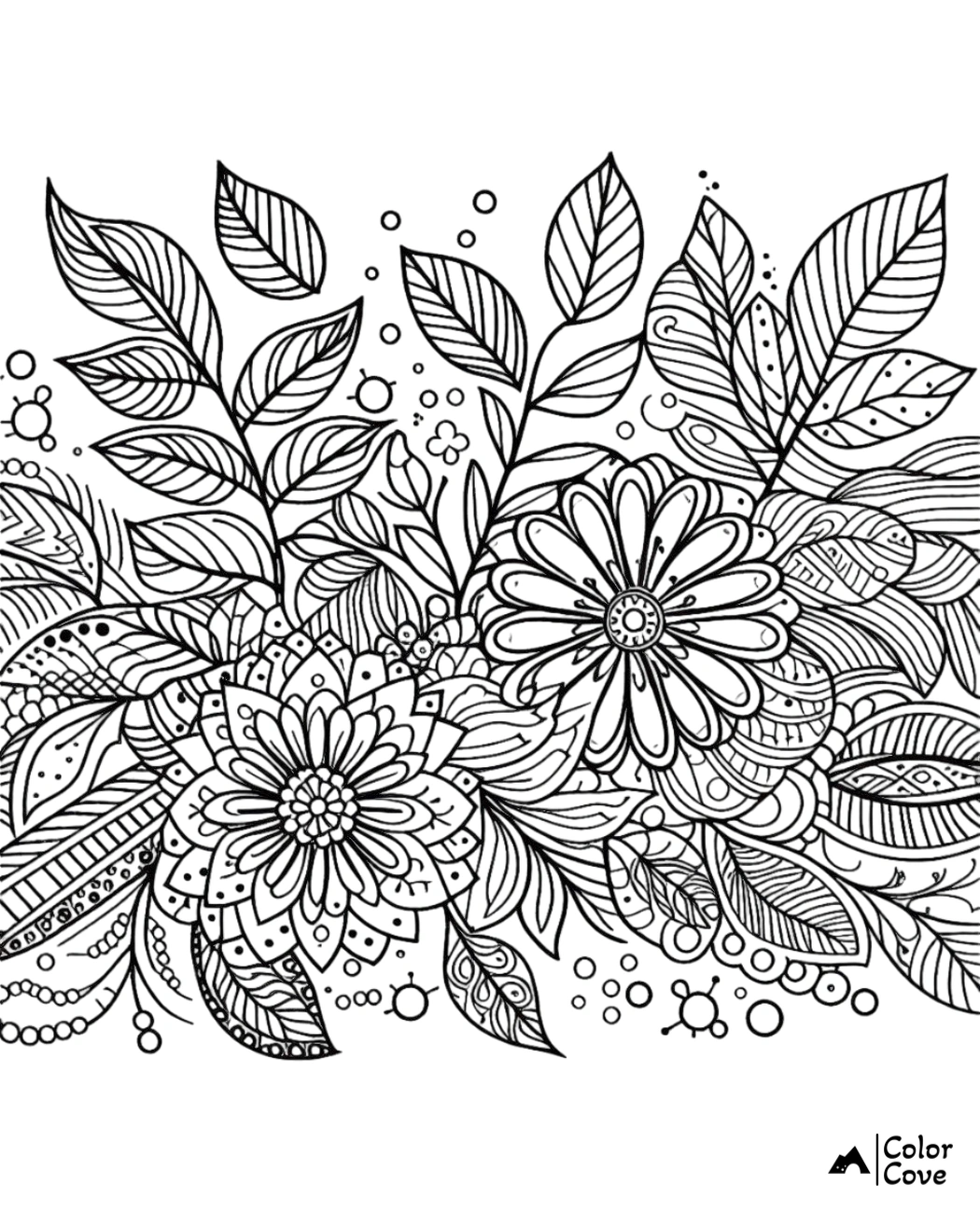 Intricate floral coloring page with detailed flowers, leaves, and patterns. Perfect for stress relief and relaxation.