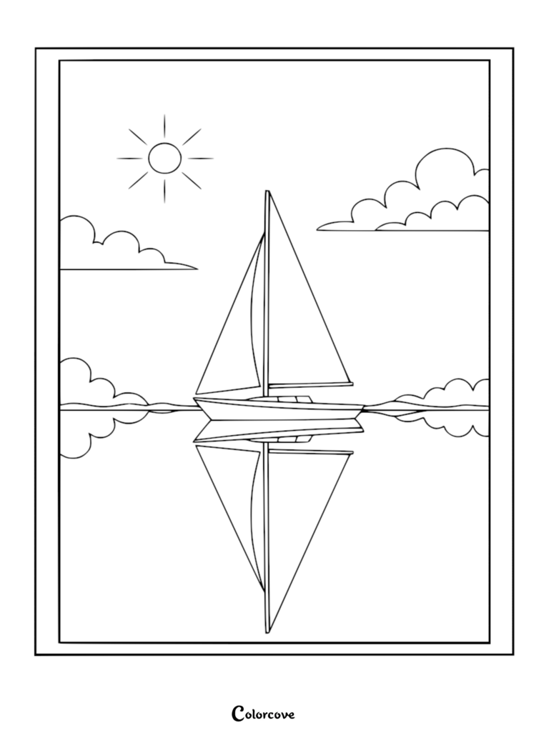 A calming coloring page featuring a sailboat on a perfectly still lake with a clear reflection, sun, and fluffy clouds.