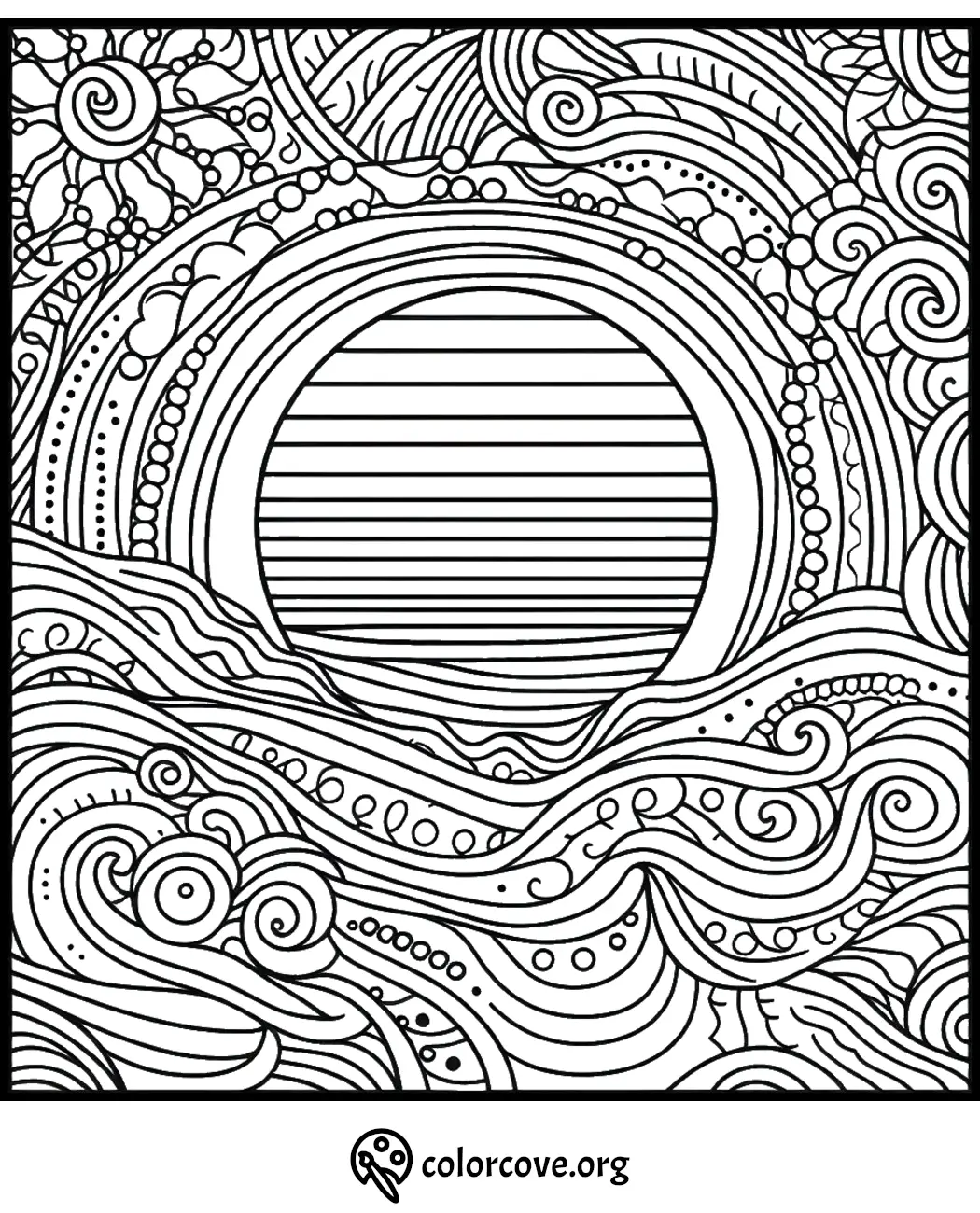 Abstract ocean waves and sun coloring page with intricate swirls, circles, and lines for stress-relief and relaxation.