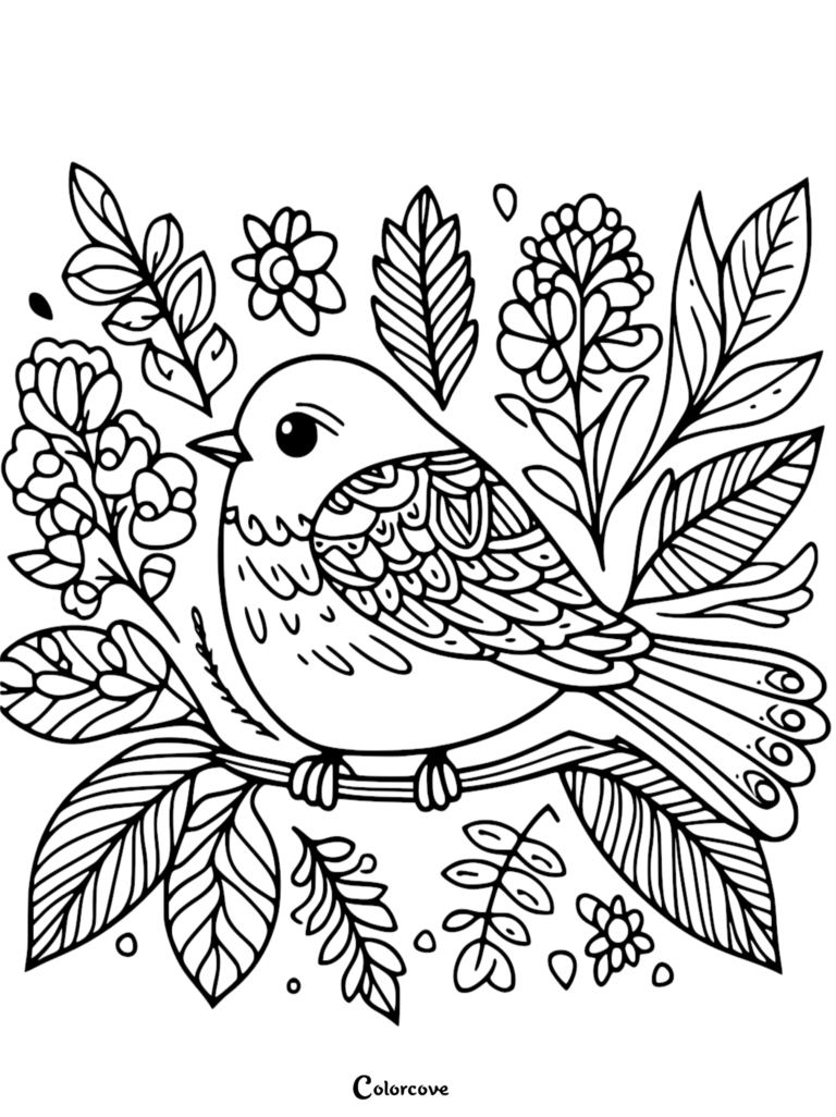 A calming coloring page featuring a small bird with patterned wings perched on a branch surrounded by detailed leaves and flowers.