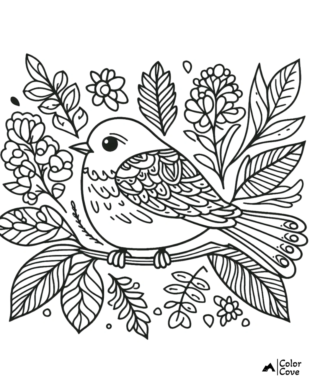 Bird coloring page with intricate details, surrounded by flowers and leaves. Perfect for relaxation and creativity.