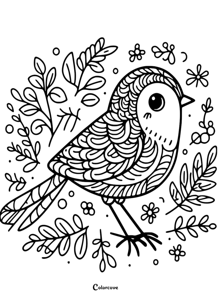 A zen-style coloring page featuring a bird with intricate wave patterns on its wings, surrounded by delicate leaves and small flowers.